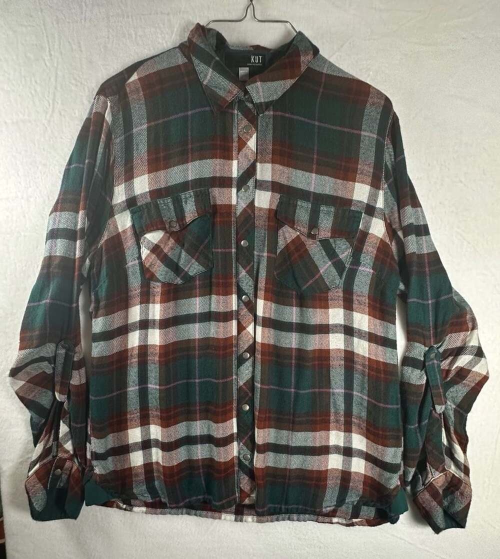 Kut From The Kloth Plaid Long Sleeve Button Down Shirt Size M Green Brown
